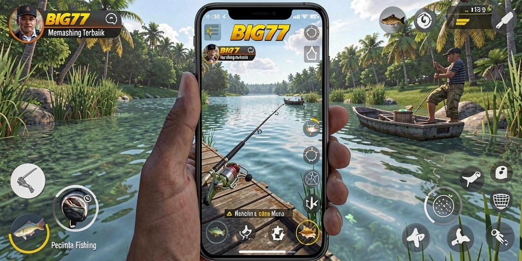 Screenshot utama BIG77 menampilkan momen seru saat menangkap ikan.