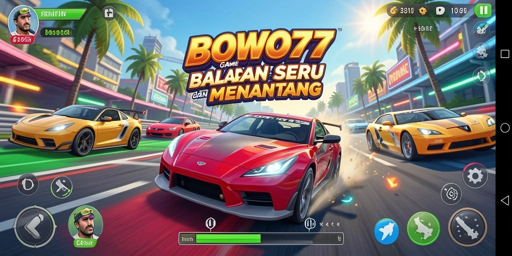 Tampilan utama gameplay BOWO77 dengan aksi balapan yang seru.
