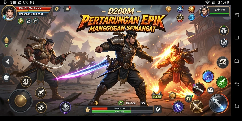 Screenshot utama D200M menampilkan aksi pertarungan yang mendebarkan.