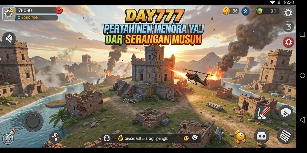 Tangkapan layar gameplay <strong>DAY777</strong> yang menunjukkan menara dan musuh dalam aksi.