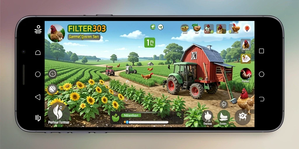 Screenshot gameplay FILTER303 menunjukkan kebun yang subur dan alat bertani.