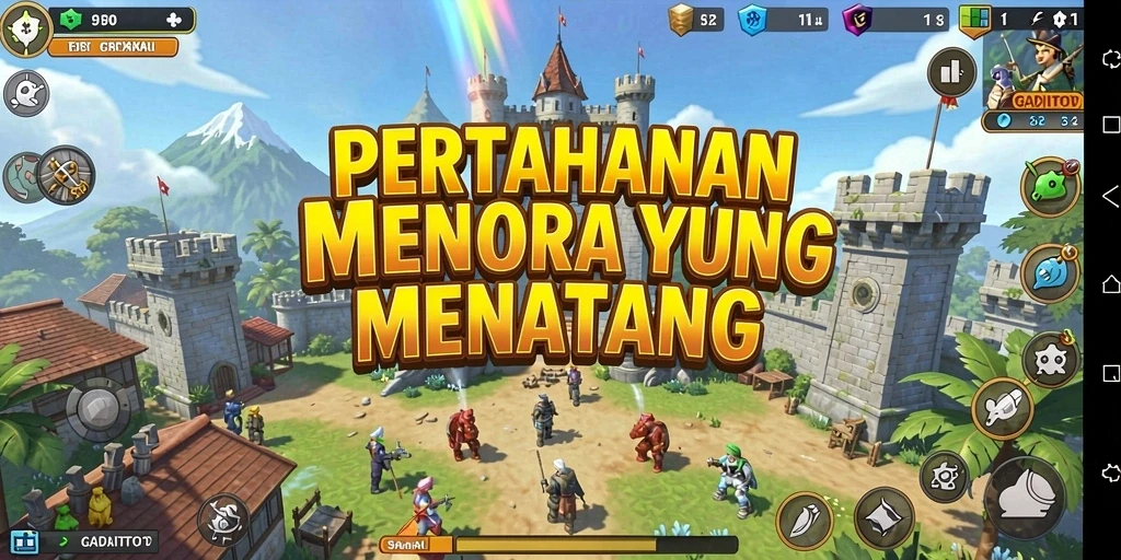 Screenshot gameplay GADAITOTO yang menunjukkan pertahanan menara yang strategis.