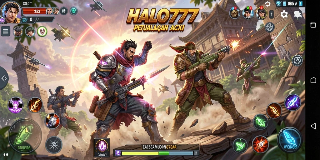 Screenshot utama menunjukkan aksi pertarungan epik di dunia HALO777.