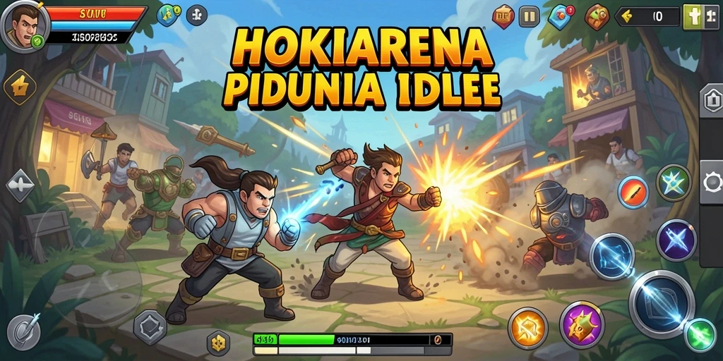 Screenshot HOKIARENA menampilkan pertarungan karakter dalam permainan Idle.