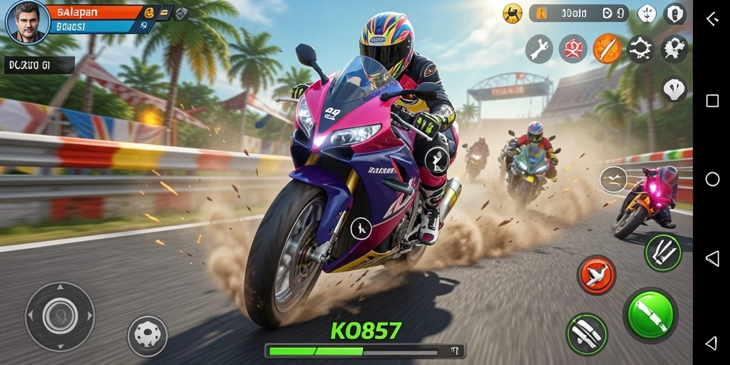 Gameplay KO857 yang mendebarkan dengan balapan motor cepat dan grafis mengesankan.