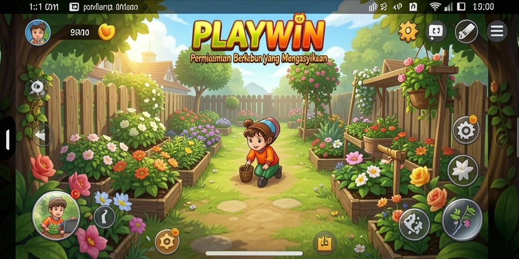 Screenshot utama <strong>PLAYWIN</strong> menampilkan gameplay berkebun yang berwarna-warni.