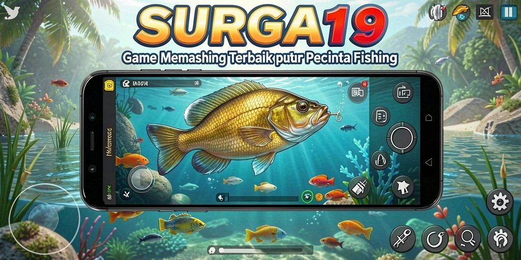 Tampilan gameplay SURGA19 dengan berbagai ikan dan lokasi memancing.