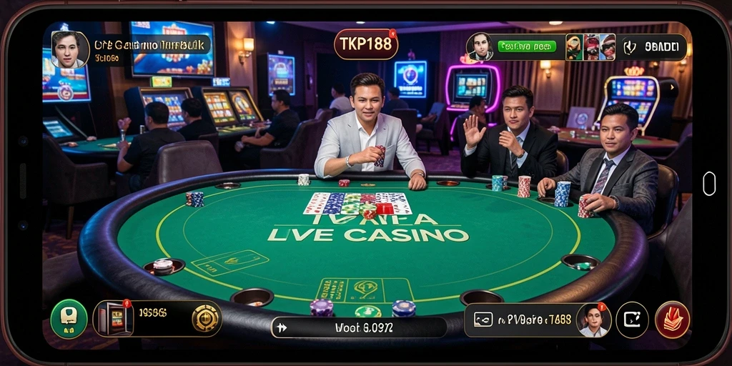 Screenshot utama TKP188 menampilkan dealer langsung dan suasana permainan Live Casino.